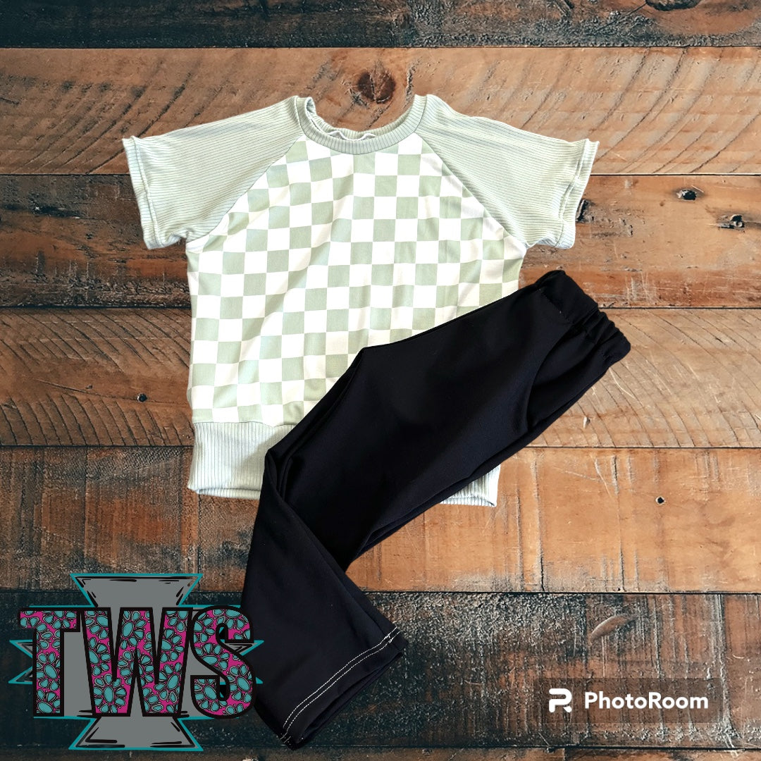 Mint Checkered Top & Black Pocket Pants